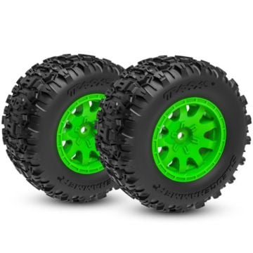 Traxxas Mini Maxx Front Sledgehammer Tyres on Green Rims