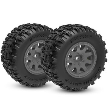 Traxxas Mini Maxx Front Sledgehammer Tyres on Grey Rims