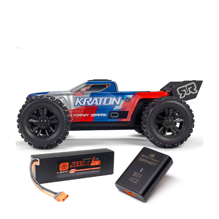 Arrma Mini Kraton 3S DSC in red and blue, a compact brushless RC speed truck